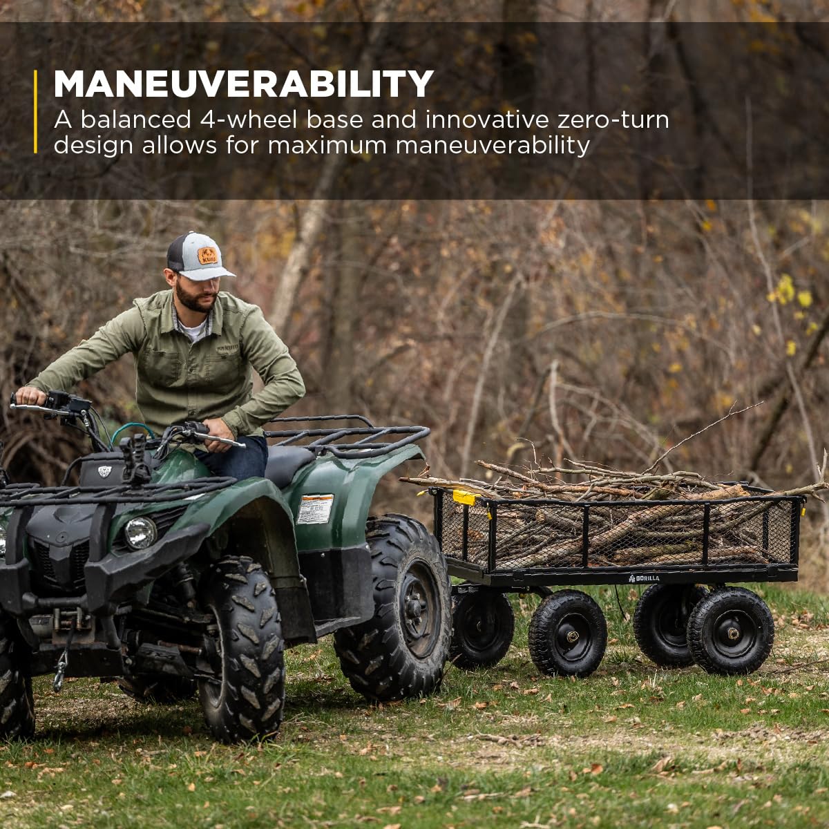 Gorilla Carts four-wheel stability maintaining balance on uneven ground.