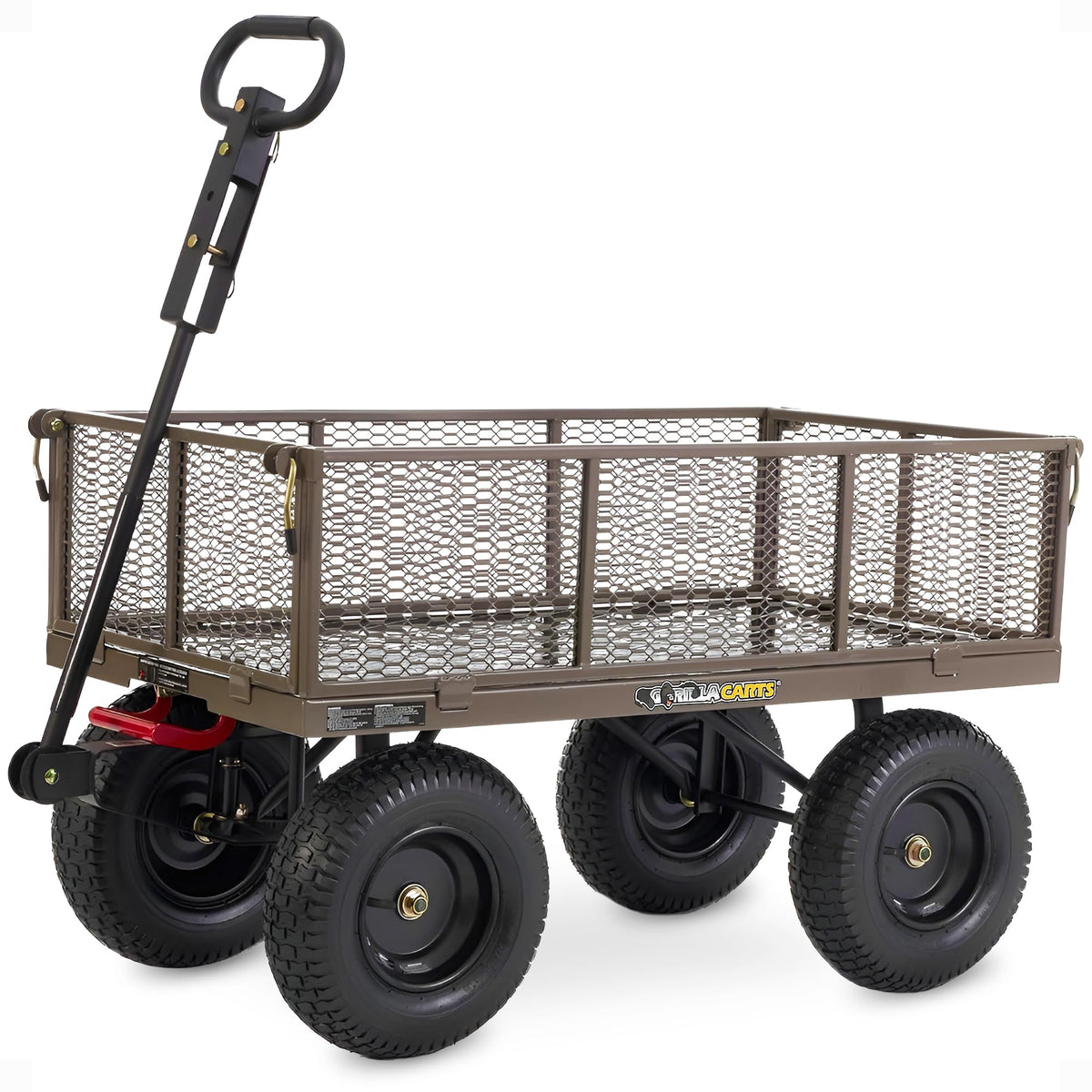 Gorilla Carts steel dump cart bed showing generous space for tools and mulch