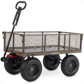 Gorilla Carts steel dump cart bed showing generous space for tools and mulch
