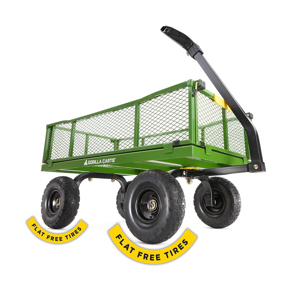 Gorilla Carts steel utility cart with mesh bed for heavy-duty hauling.