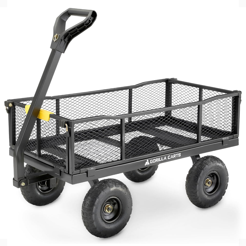 Gorilla Carts steel utility cart with bed, rugged frame for heavy yard hauling.