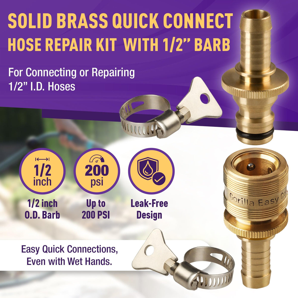 GORILLA EASY CONNECT brass inline barbs for durable repair.