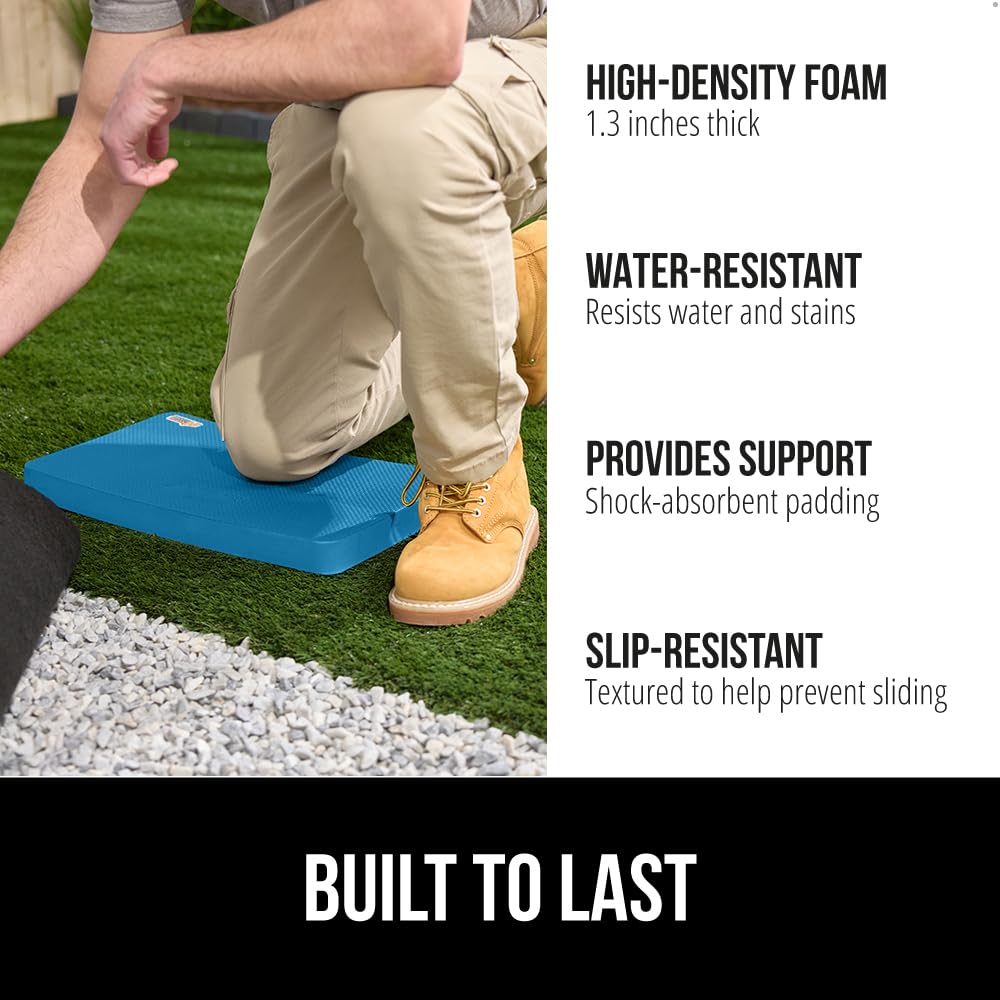 Gorilla Grip kneeling pad blue side view provides cushioned support outdoors