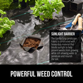Garden bed installation with GORILLA GRIP barrier under mulch for weed prevention.