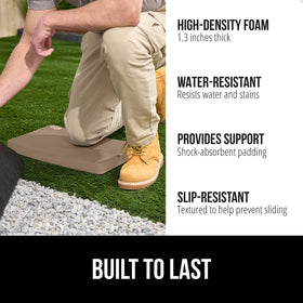 GORILLA GRIP kneeling pad beige highlights dirt and water resistance for outdoor tasks.