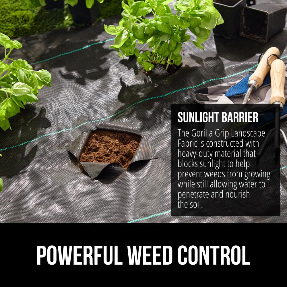 Gorilla Grip tear-resistant landscape fabric supports long-lasting weed control under mulch or gravel.