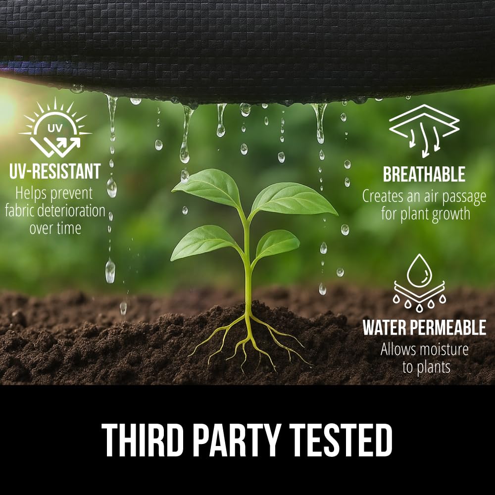 UV resistant and breathable barrier keeps soil aerated while blocking weeds.