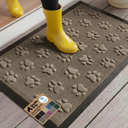GORILLA GRIP WeatherMAX doormat tan pawprints greets guests with durable, all-season protection.