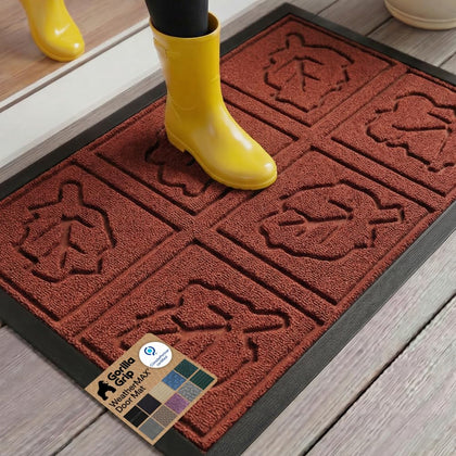 Gorilla Grip WeatherMAX doormat with burgundy leaves traps dirt at the doorway
