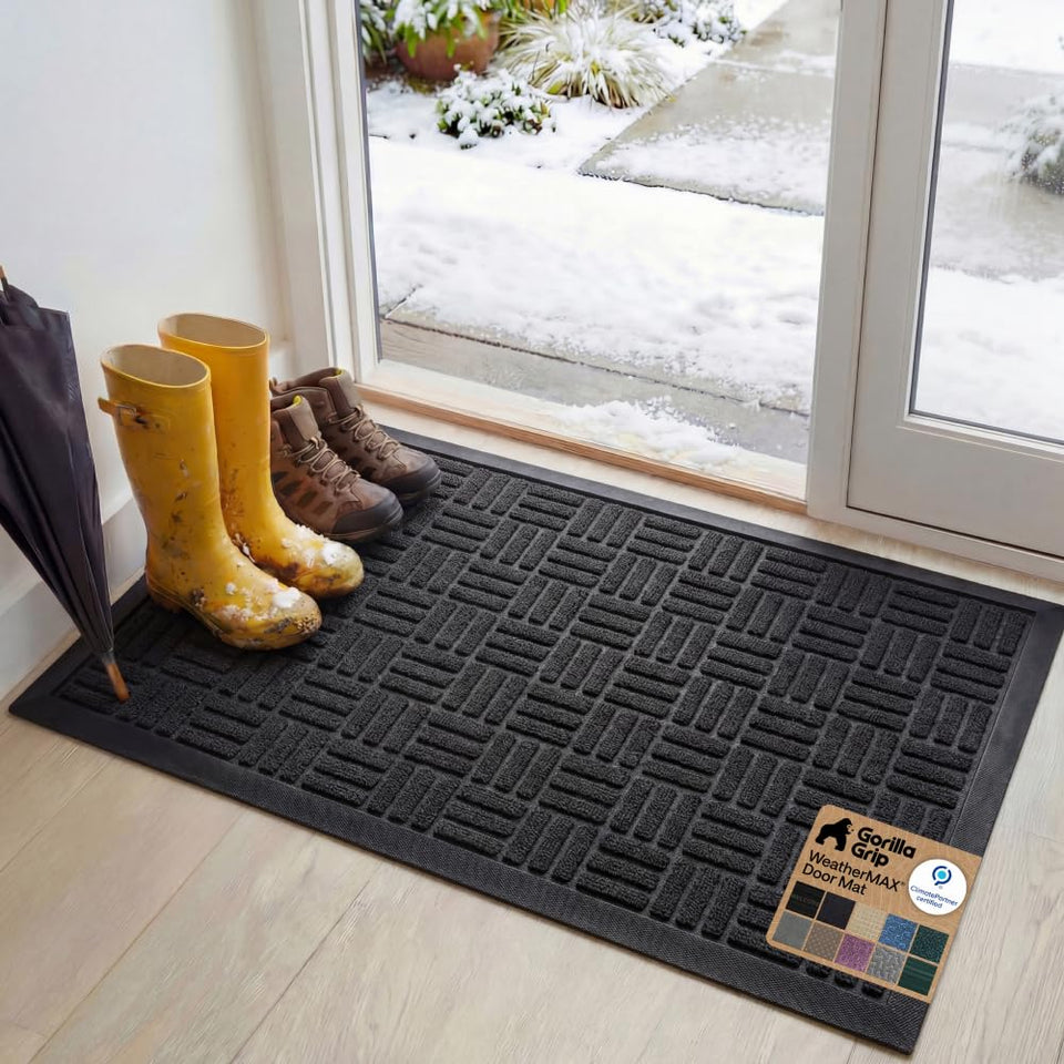 GORILLA GRIP WeatherMAX doorway doormat at the threshold captures dirt and moisture