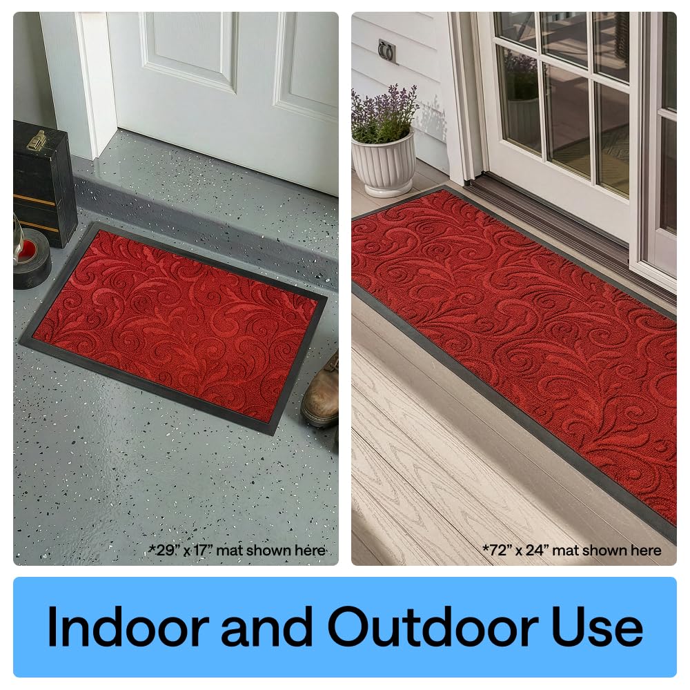 Red WeatherMAX doormat complements curb appeal while remaining low-profile under doors.