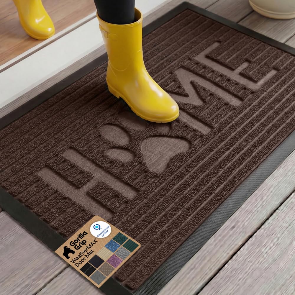 GORILLA GRIP WeatherMAX doormat at front door in espresso, captures moisture and debris