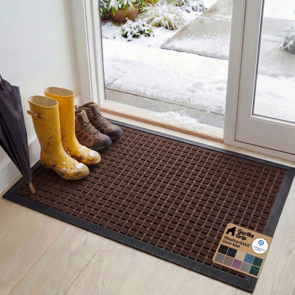 Gorilla Grip WeatherMAX doormat front view shows low-profile clearance for doors.