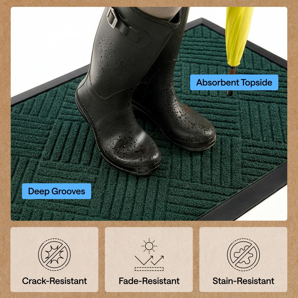 GORILLA GRIP WeatherMAX Doormat Green Diamond, dirt capture reduces indoor tracking.