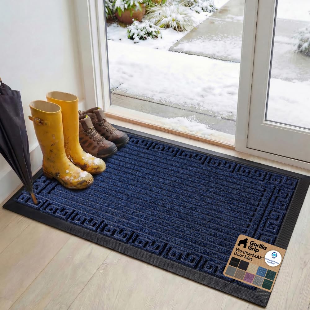 GORILLA GRIP WeatherMax doormat in navy Greek keys pattern captures dirt and moisture.
