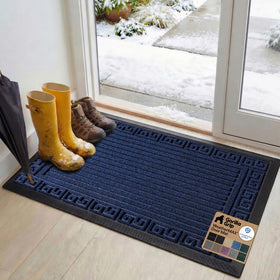 GORILLA GRIP WeatherMax doormat in navy Greek keys pattern captures dirt and moisture.