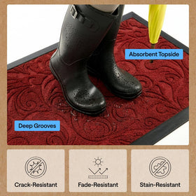 Red Vintage Wine WeatherMAX mat shown in outdoor-use setting for porch protection.