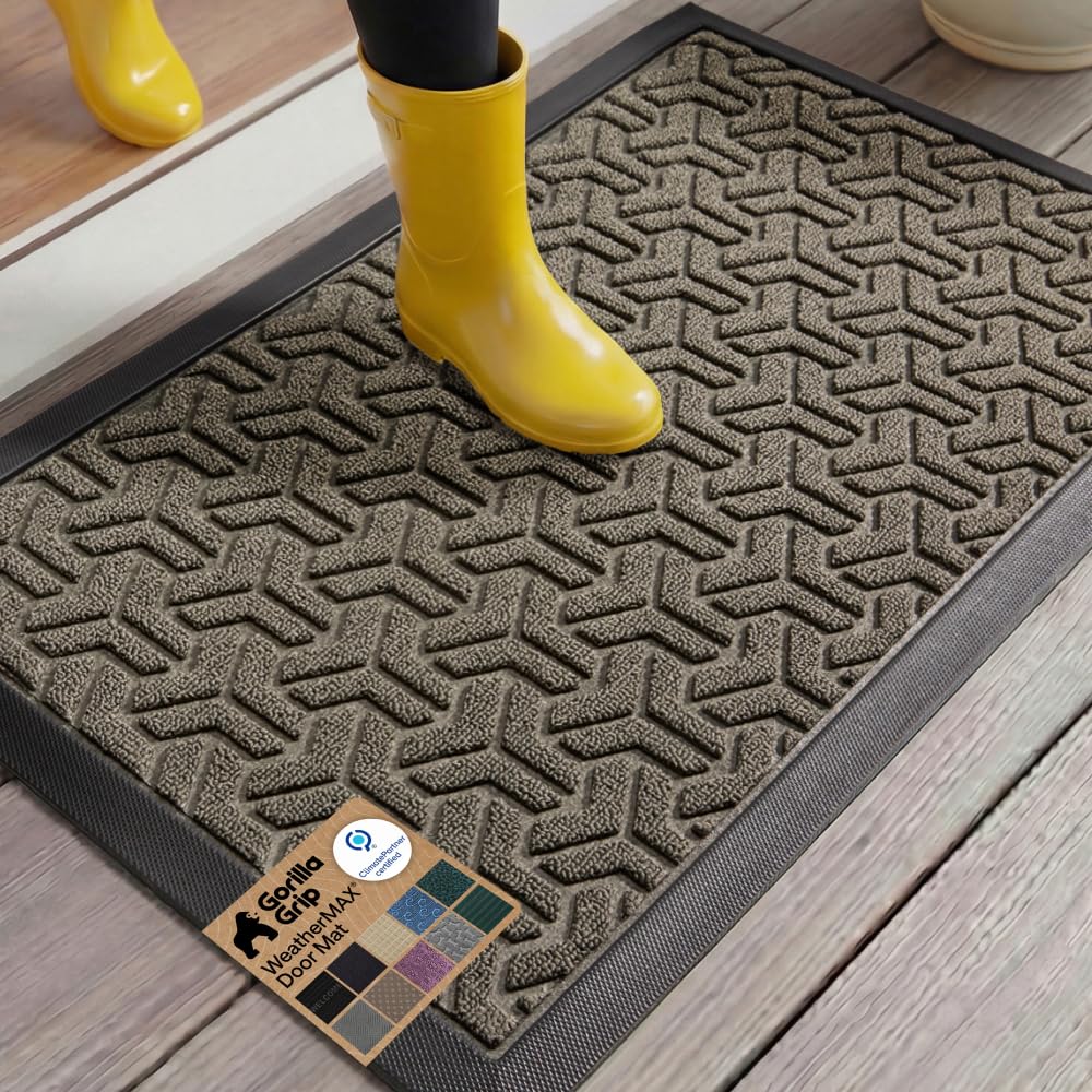 GORILLA GRIP WeatherMax doormat in slate geometric, durable for indoor and outdoor use.