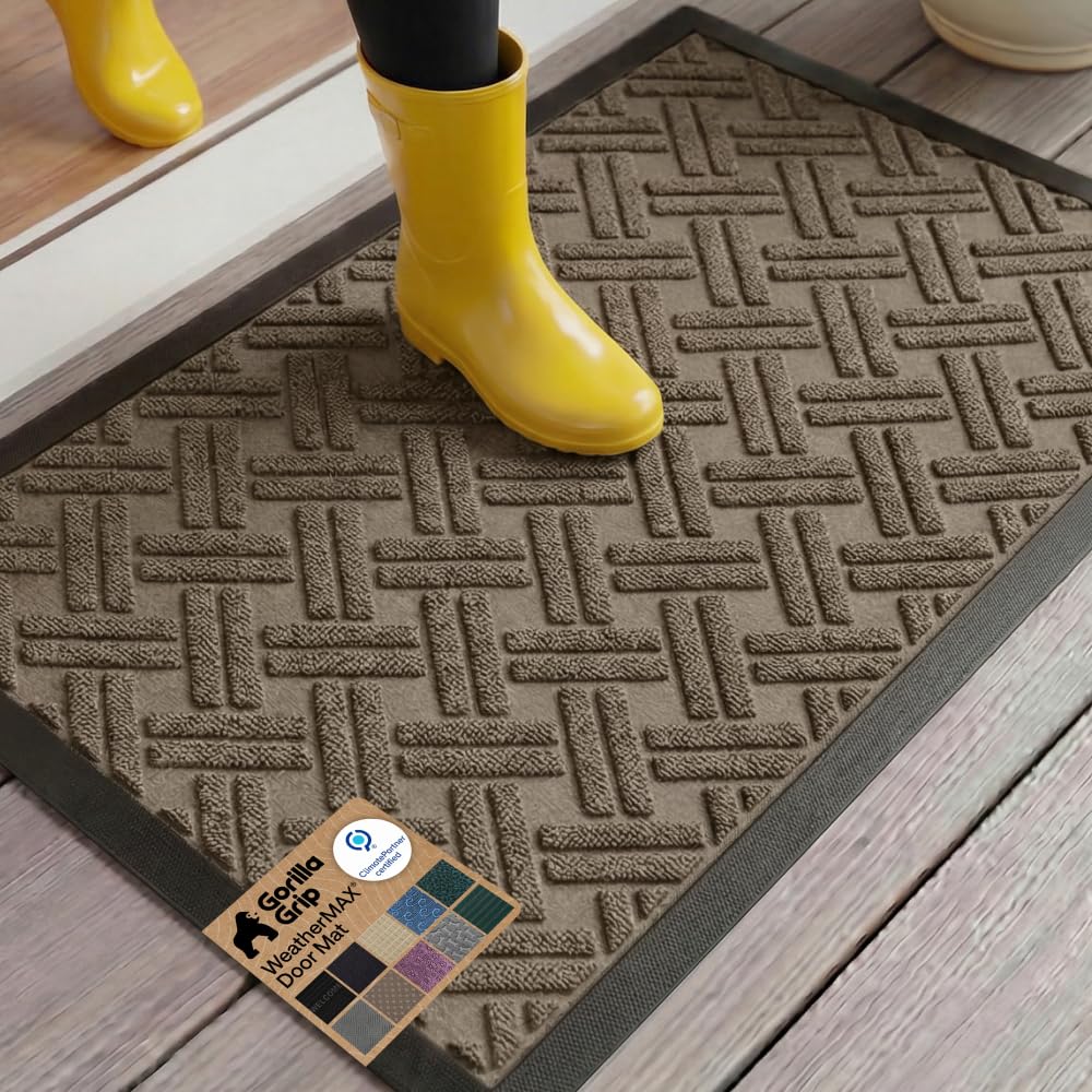 Gorilla Grip WeatherMAX doormat with taupe basket weave capturing dirt at entrances