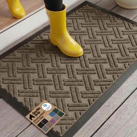 Gorilla Grip WeatherMAX doormat with taupe basket weave capturing dirt at entrances