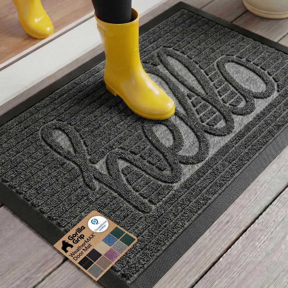 GORILLA GRIP WeatherMAX front-door mat in charcoal captures dirt and moisture.