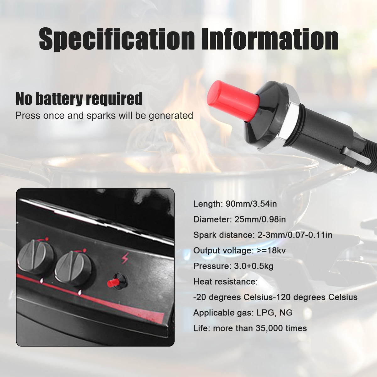 Gosknor piezo spark igniter diameter 25mm ensures snug fit.