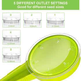 Gostur small-seed compatibility with easy base-lid gap control.