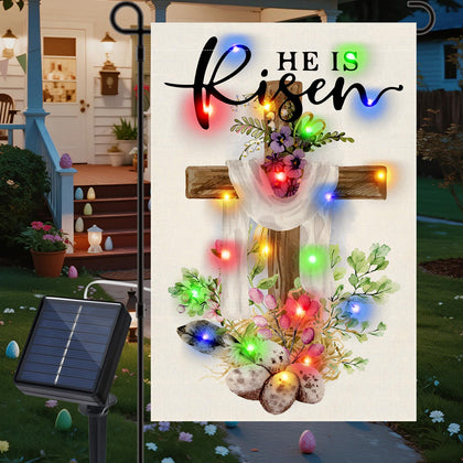 Gosuoa He Is Risen garden flag with solar LEDs brightens outdoor Easter decor