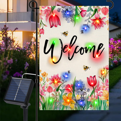 Gosuoa LED spring flag glows at dusk for a welcoming garden display