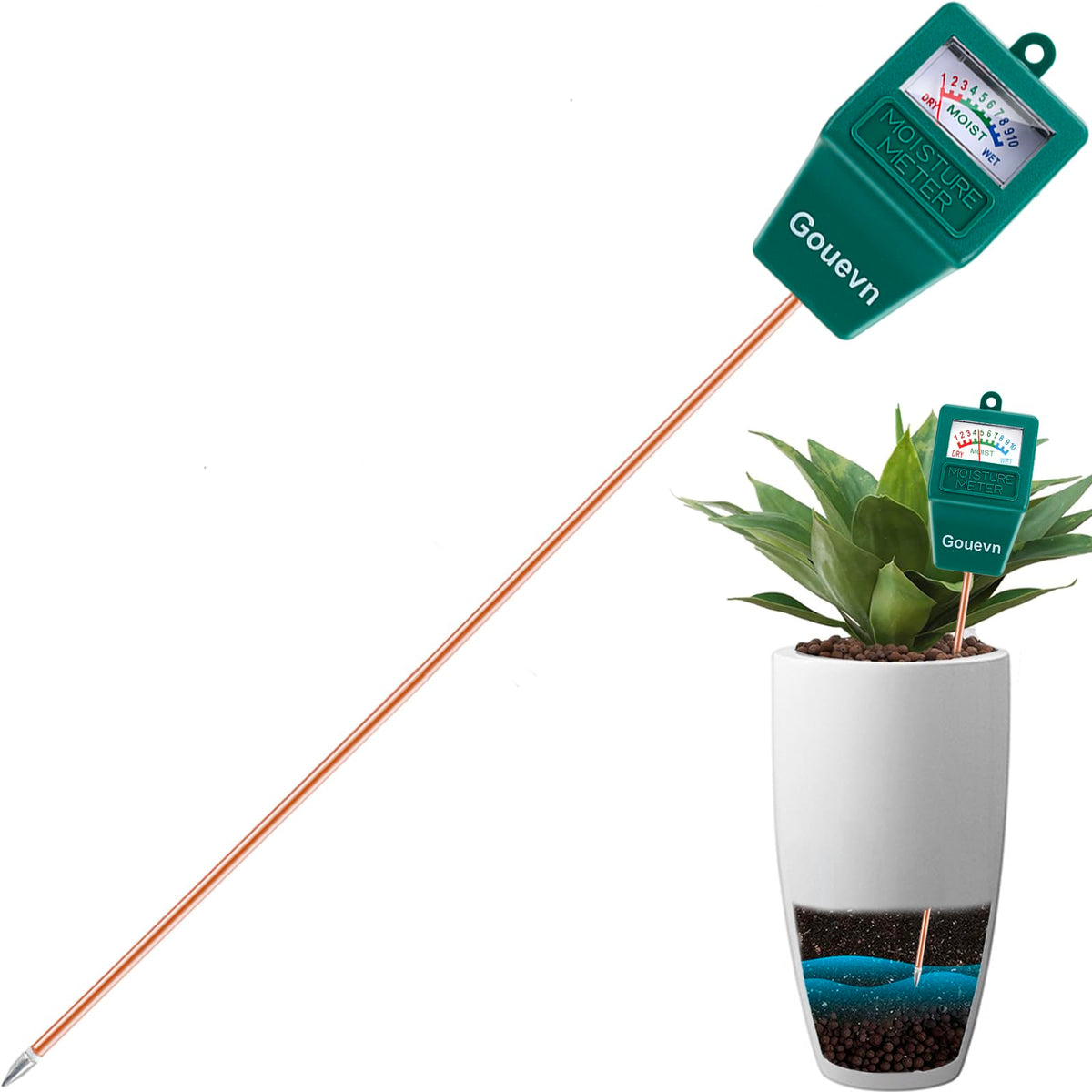 Gouevn long-probe soil moisture meter shows root-level moisture for accurate watering