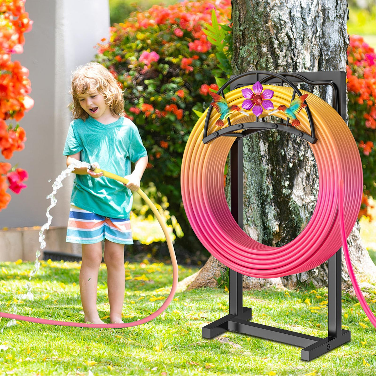 Gouisalin black metal hose rack adds an elegant touch to outdoor spaces