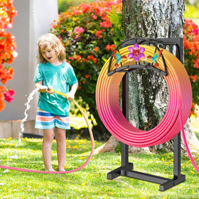 Gouisalin black metal hose rack adds an elegant touch to outdoor spaces