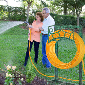 Gouisalin holds 150ft hose securely, ideal for large gardens.