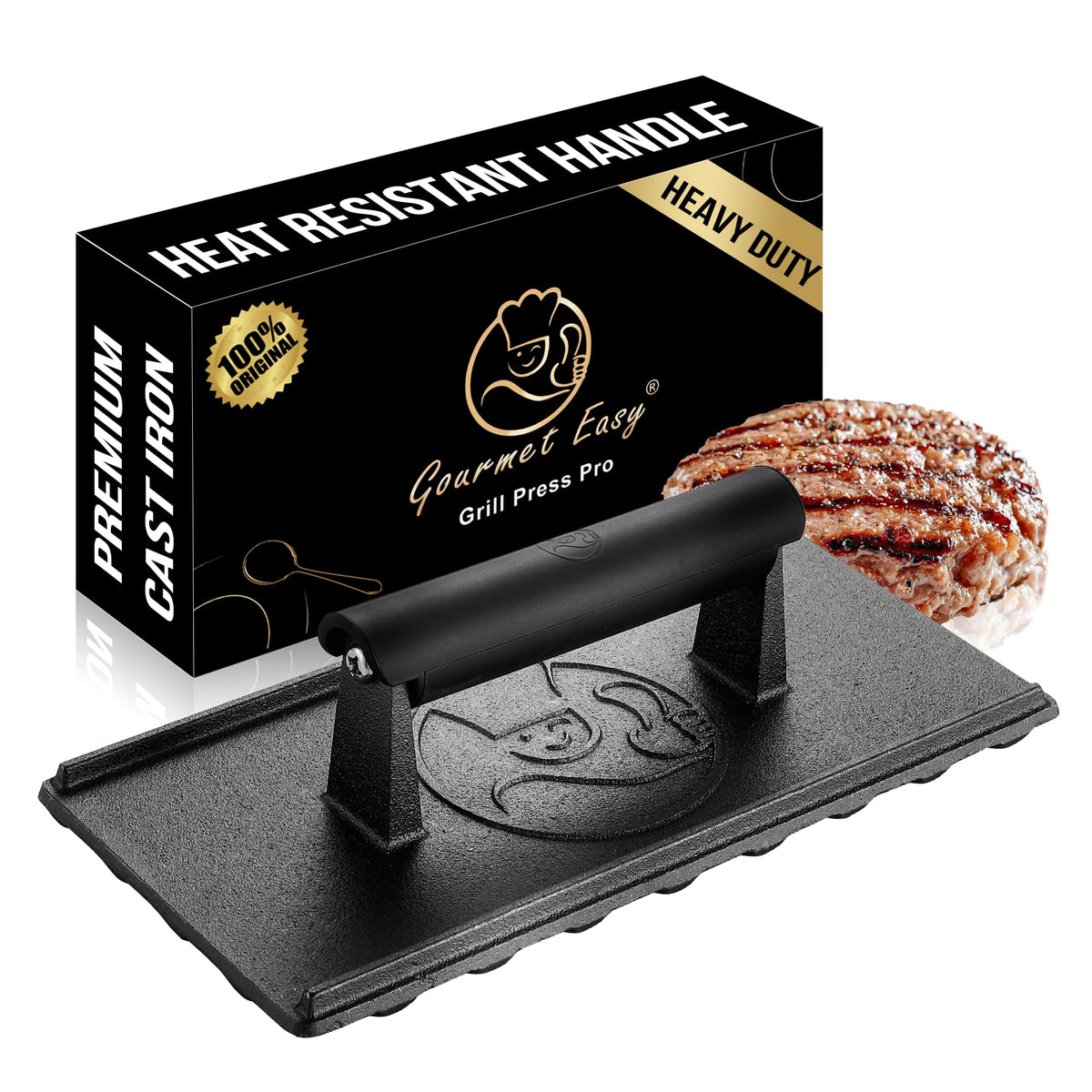 Gourmet Easy 3lb cast-iron grill press on griddle for even browning