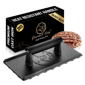 Gourmet Easy 3lb cast-iron grill press on griddle for even browning