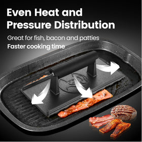 Gourmet Easy cast-iron press with heat-resistant silicone handle, lasting kitchen companion
