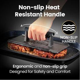 Gourmet Easy heavy-duty burger smash press with heat-resistant handle for easy lifting
