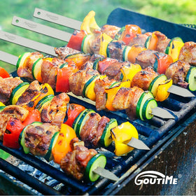 GOUTIME flat-design skewers minimize meat rotation during grilling