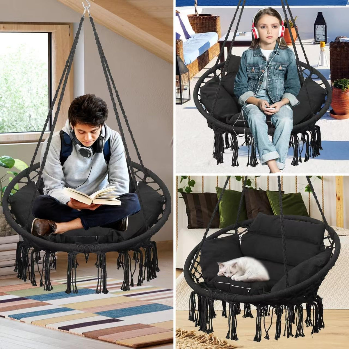 Goutime hammock chair features 100% handmade cotton weave for soft relaxation.