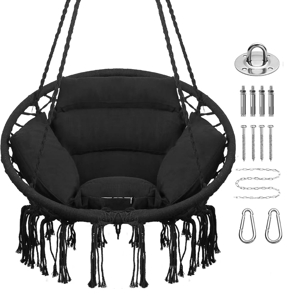 Goutime hammock chair with hanging hardware kit enables easy ceiling mount.