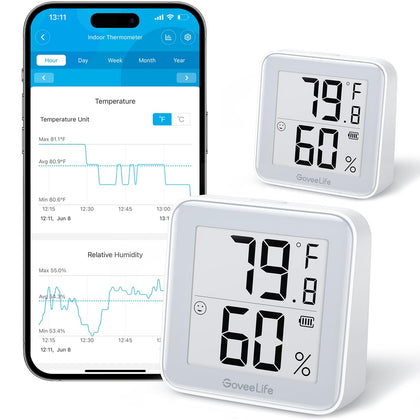 GoveeLife e-ink display shows temperature and humidity clearly.