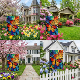 GPGHE Burlap Welcome Spring Flag displays colorful butterflies on durable fabric.