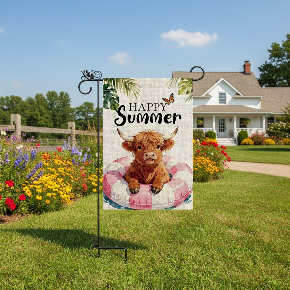 GPGHE Highland Cow Decor flag burlap texture under sunlight adds rustic charm.