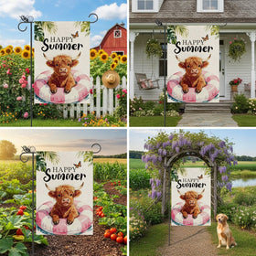 GPGHE Highland Cow Decor flag on door showcases welcoming outdoor ambiance.