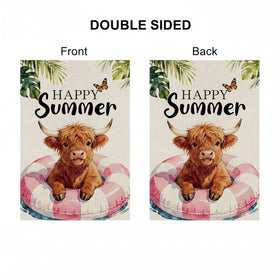 GPGHE Highland Cow Decor flag in garden demonstrates versatile yard decor.