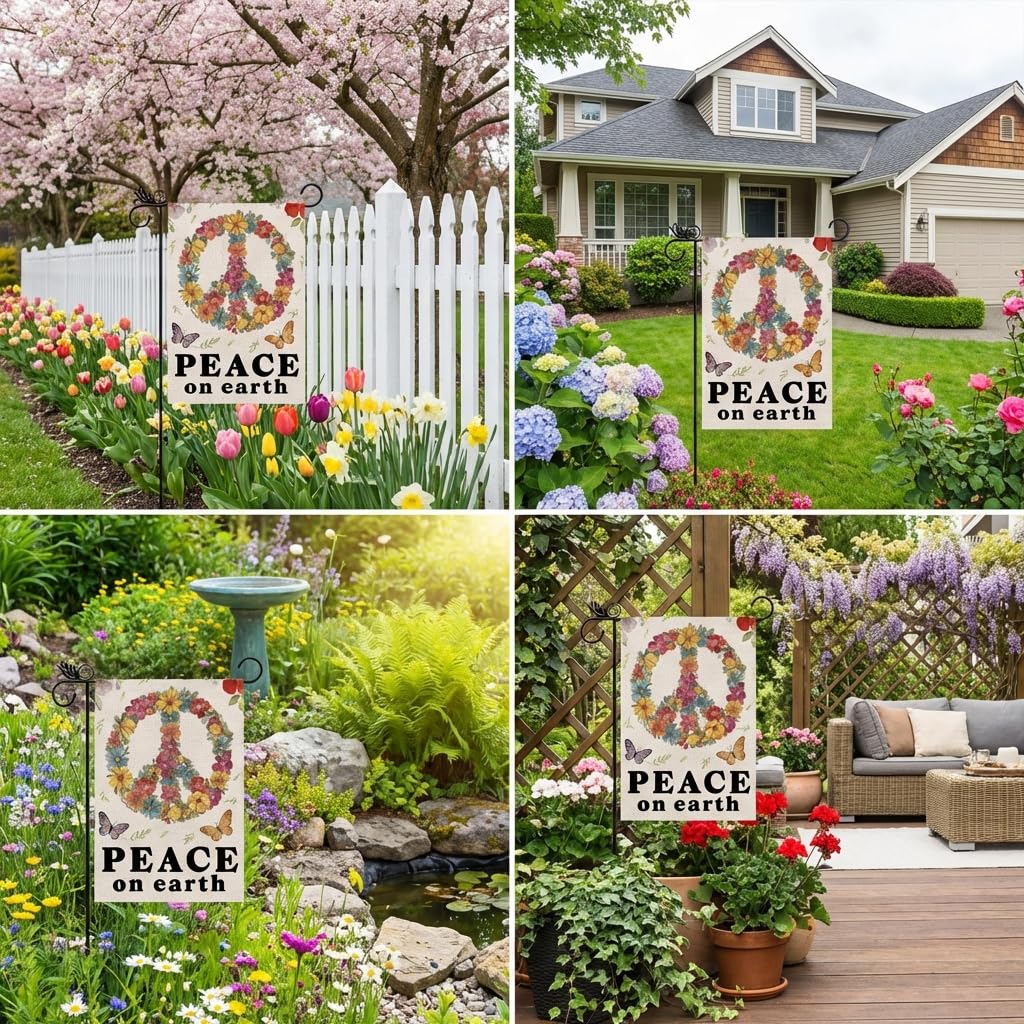 GPGHE Peace Garden Flag packaging image suggests easy, ready-to-hang decor