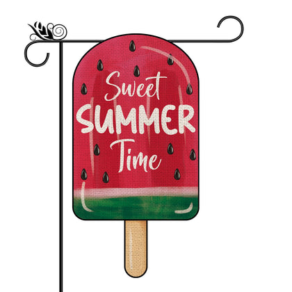 GPGHE Watermelon Ice Cream flag shown in garden with vibrant double-sided print.