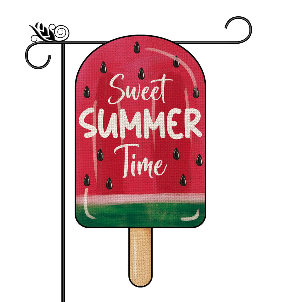 GPGHE Watermelon Ice Cream flag shown in garden with vibrant double-sided print.