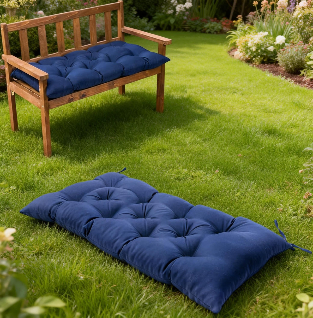 GPPSUNGD waterproof navy cushion on bench for all-weather seating.