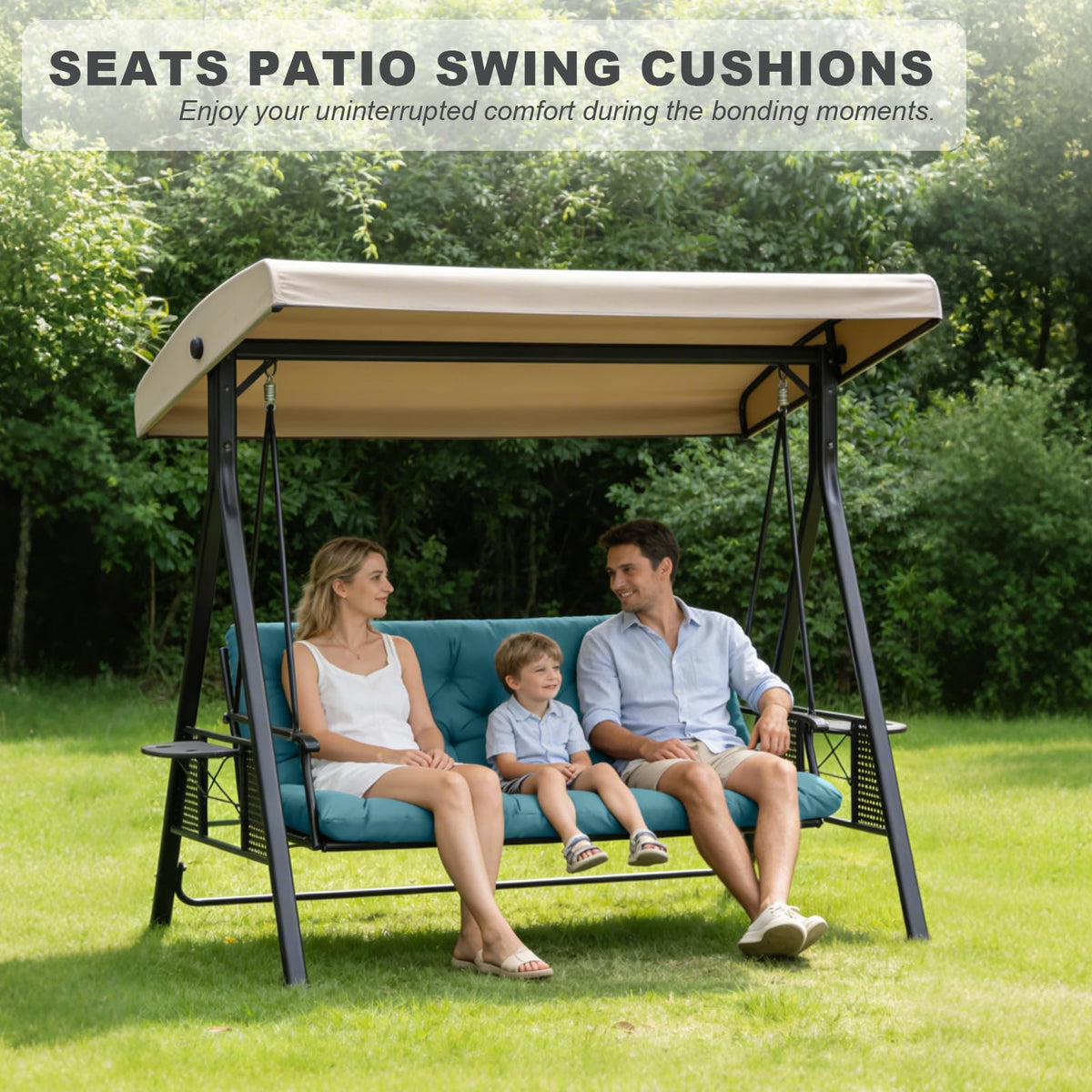 GPQAWER outdoor patio setup featuring swing cushions in a cozy space